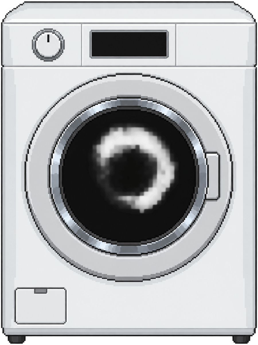 A big white pixel-art front-loading washing machine